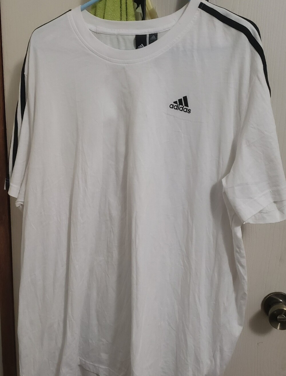 adidas White Short Sleeve Tee with Black Shoulder Stripes